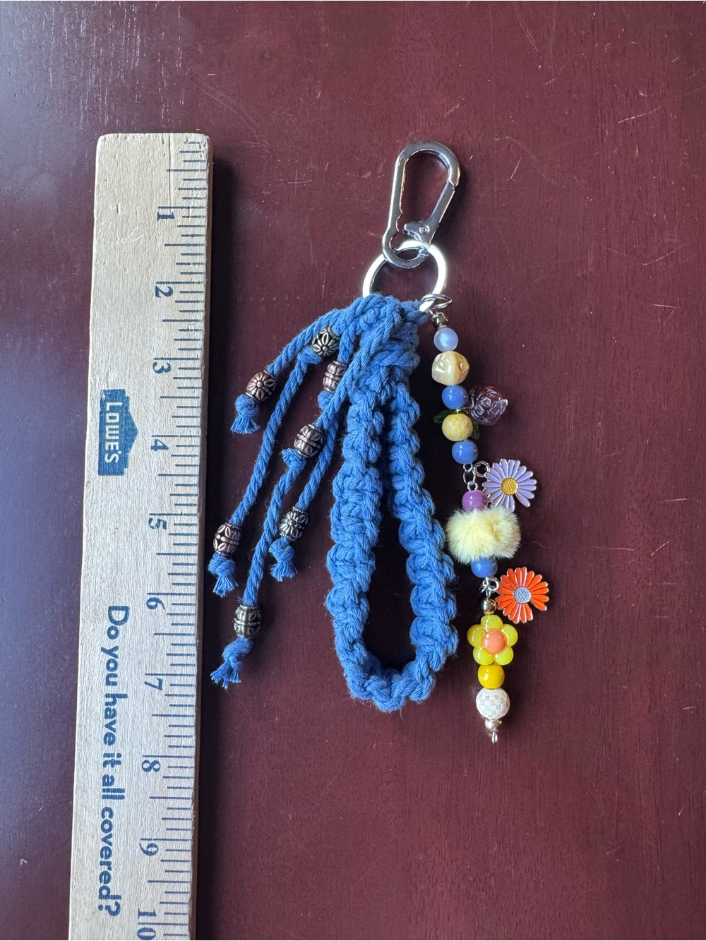 Blue Macrame Wristlet Bag Charm Keychain with Boho Floral Beading - Picture 2 of 4